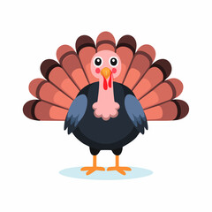 Cute Cartoon Turkey with Big Eyes and Feathers – Simple Vector Animal Illustration

