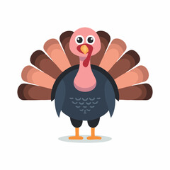 Cute Cartoon Turkey with Big Eyes and Feathers – Simple Vector Animal Illustration

