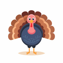 Cute Cartoon Turkey with Big Eyes and Feathers – Simple Vector Animal Illustration


