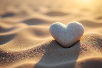 Fototapeta premium Heart-shaped stone resting on sandy surface at sunset 