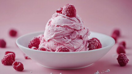 Overhead shot of raspberry ice cream in a white bowl, elegantly styled