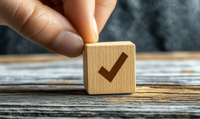 A finger gently places a checkmark block symbolizing agreement and approval with rustic wood