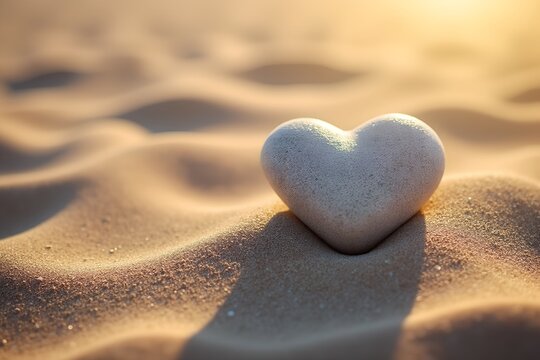 Heart-shaped stone resting on sandy surface at sunset  