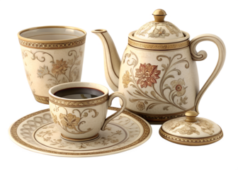 antique porcelain tea set Isolated on transparent background