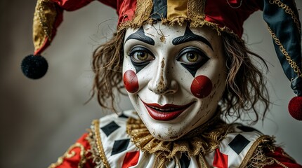 Whimsical jester puppet in striking costume with vibrant colors and intricate details during a festival celebration