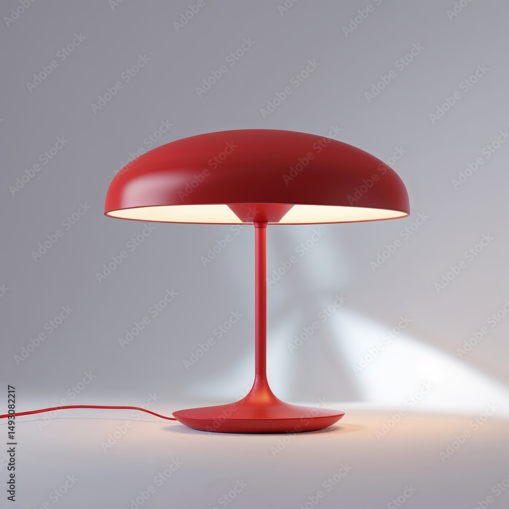 Poster modern red lamp illuminated on a minimalistic surface in a contemporary setting during evening hours