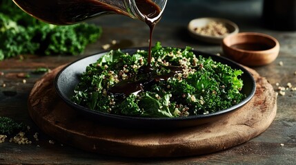 Fresh kale salad with quinoa and dressing on wooden plate  