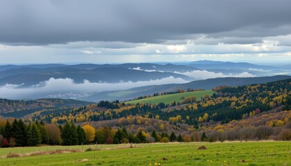 Obraz premium a serene landscape dominated by rolling hills blanketed with lush green grass and interspersed with trees showing signs of autumn