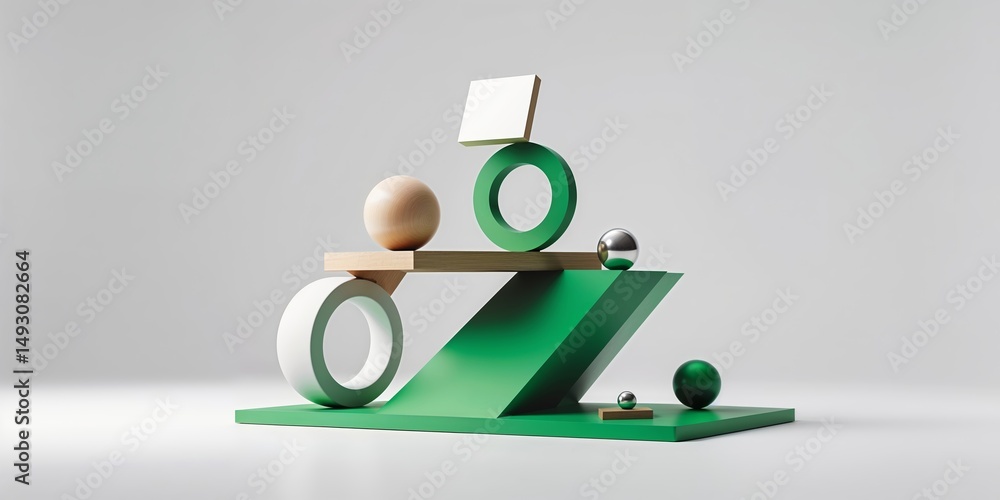 Poster artistic arrangement of geometric shapes on a green base showcasing balance and composition in a min