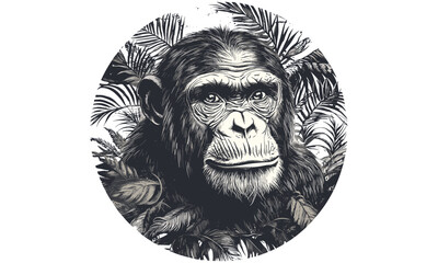 Vintage Chimpanzee Sketch, Jungle Mammal Illustration, Monochrome Wildlife Art, Hand-drawn Black Sketch, Rainforest Animal Decor, Old Engraving Style, Nature Drawing, Forest Scene