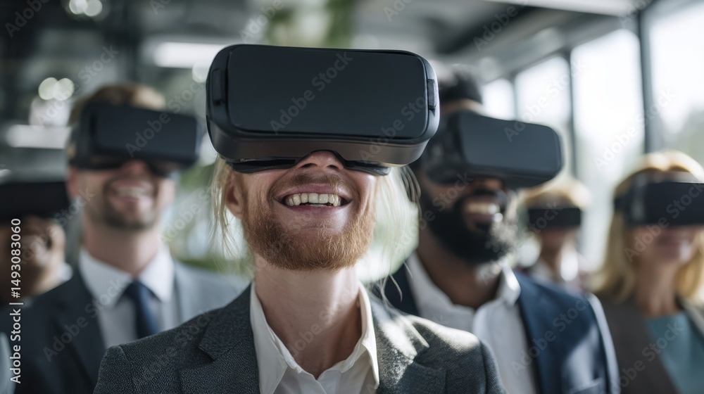 Aufkleber diverse business team wearing vr headsets smiling, representing technology adoption and digital tran