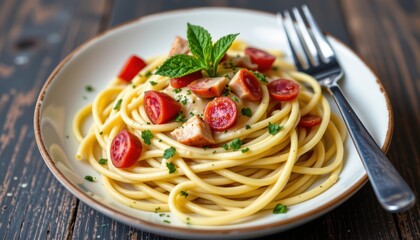 a close up of a plate of spaghetti bolognese, which is garnished with red peppers and topped with a sprig of basil