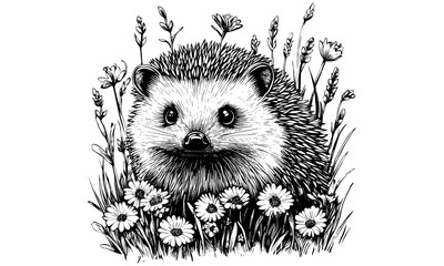 Cute Hedgehog Illustration in Grass, Hand-drawn Mammal, Retro Engraving Style, Monochrome Wildlife Art, Vintage Sketch, Woodland Decor, Nature Prints, Animal Drawing