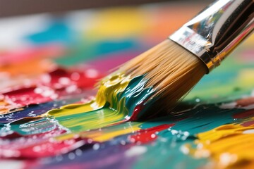 Fototapeta premium Artistic creation brush with colorful oil paints and textured painting surface