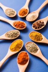 Assortment of spices presented on wooden spoons against a vibrant blue background