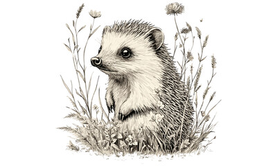 Monochrome Hedgehog Sketch, Vintage Engraving Style, Hand-drawn Mammal in Grass, Woodland Animal Art, Nature Illustration, Retro Wildlife Decor, Rustic Forest Prints
