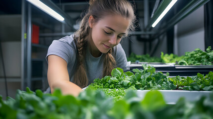Young Woman Tending to Fresh Green Leafy Vegetables in Indoor Farm