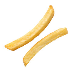 Some french fries are isolated and show a transparent background on the image, they look delicious and are ready to be eaten now.