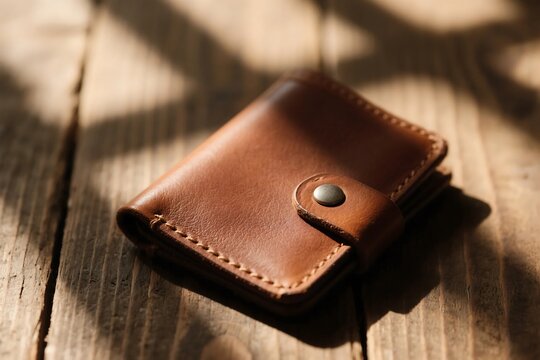 Close up of a handcrafted brown leather wallet on a rustic wooden surface - Powered by Adobe