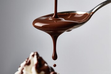 Close up of melted chocolate dripping from a spoon over whipped cream topping