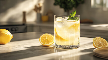 Refreshing glass of cold lemonade on a kitchen counter, capturing a taste of summer in a minimalist style