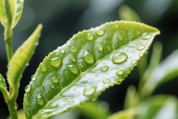 Close up of tea leaf with water droplets showing freshness and natural beauty.