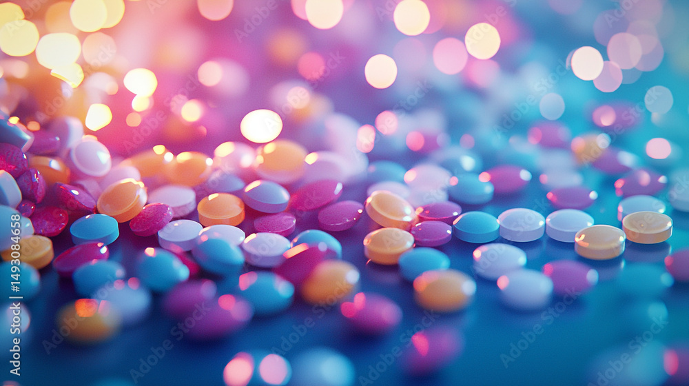 Poster a vibrant array of colorful pills scattered across a reflective surface with bokeh lights background