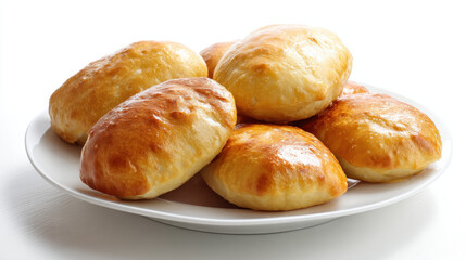 Fototapeta premium Freshly baked pirozhki on white plate, golden brown and fluffy, perfect for delightful snack or meal