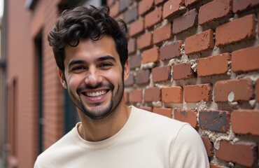 Cheerful young man smiling, leaning on textured brick wall, urban background.