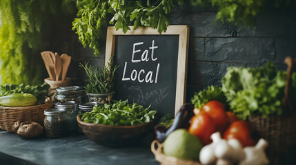 Fresh Vegetables and Herbs with Eat Local Sign in Rustic Kitchen