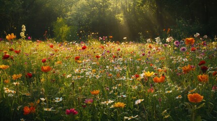 A vibrant meadow ablaze with wildflowers. Sunlight streams through the trees