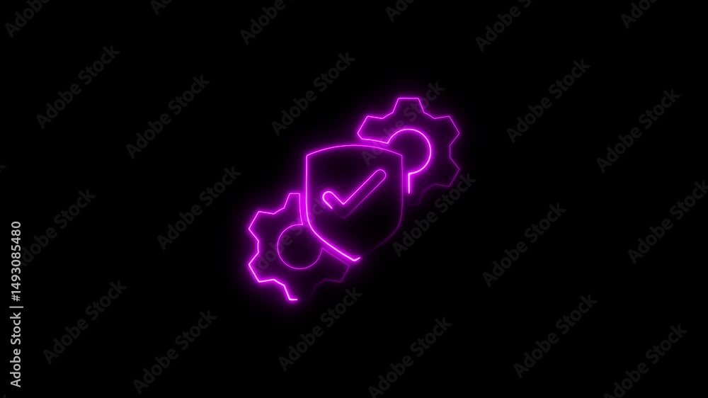 Poster neon glowing animation of security shield and gears with checkmark symbol