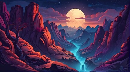 Majestic canyon view at twilight illuminated by a full moon with a winding river under a starlit sky