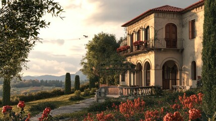 Fototapeta premium Tranquil villa in a sun-drenched garden