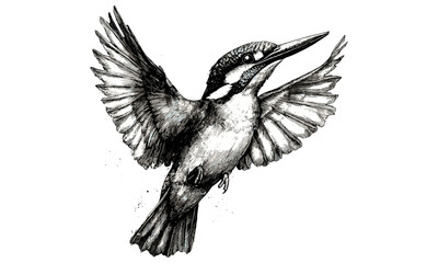Vintage Kingfisher Mid-Dive Illustration, Hand-drawn Monochrome Bird Etching, Ornithology Print, Retro Wildlife Sketch, Nature Art, Black and White Engraving Style