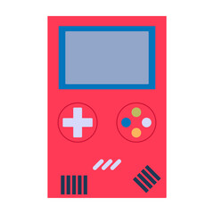 Flat illustrations of colorful handheld consoles, retro gaming devices, and arcade machines