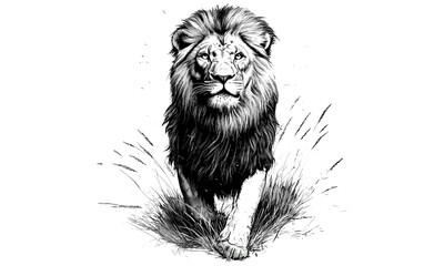 Hand-drawn Lion on Savannah, Vintage Big Cat Etching, Monochrome Animal Sketch, Retro Wildlife Art, Jungle and Safari Decor, Classic Black Sketch, Old Engraving Style Illustration