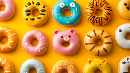 Colorful and Fun Donuts with Various Cute Designs on Yellow Background