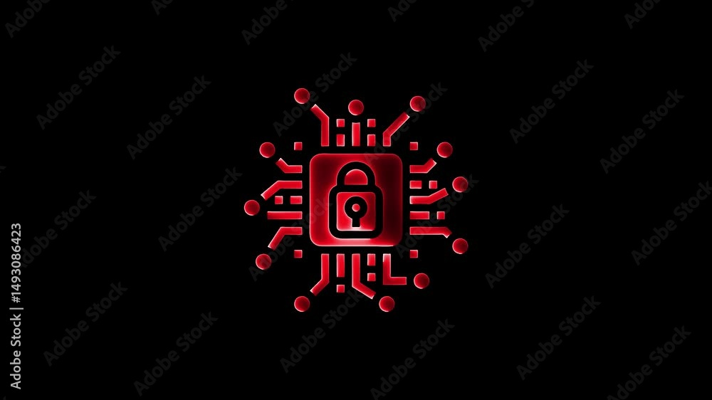 Poster illuminated red circuit board with a padlock symbol on black background