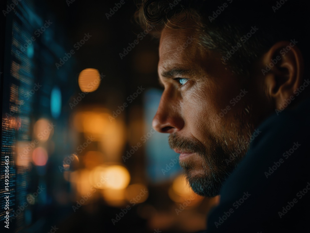 Poster Focused Man Analyzing Data on Screen in Dark Room, Illustrating Technology and Digital Transformation for Business Solutions and Recruitment Campaigns : Generative AI