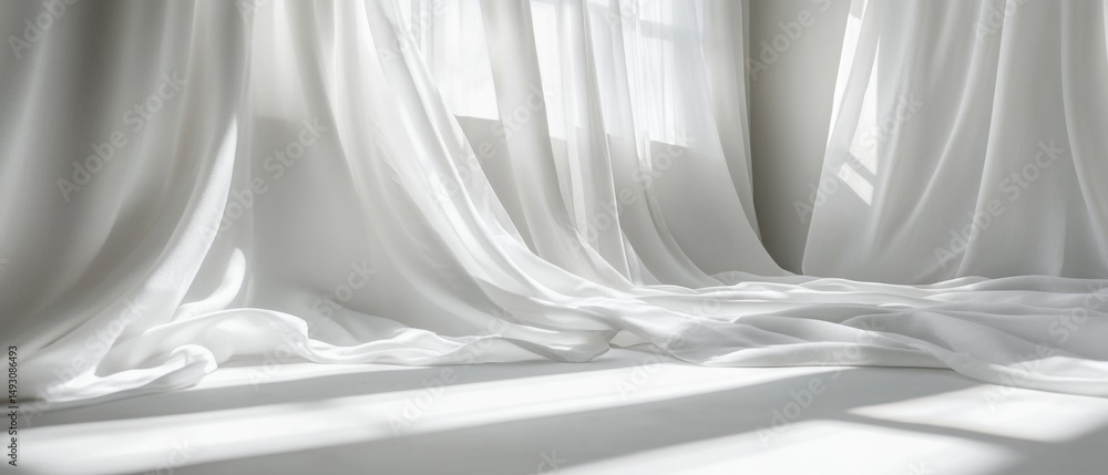 Poster abstract white fabric folds in studio setting with window light and shadows for background or backdr
