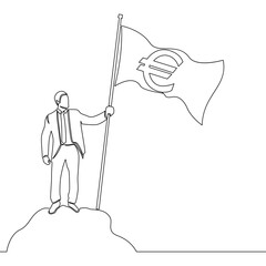 Continuous one single line drawing Businessman Holding Flag with Euro Symbol icon vector illustration concept