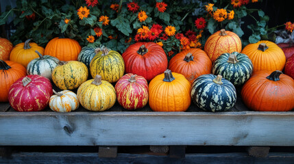 Seasonal produce displayed at a farmers market during late summer and early autumn