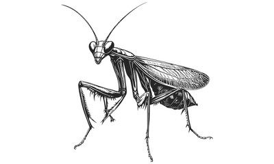 Trendy vintage mantis illustration in garden, hand-drawn insect in retro etching style, monochrome wildlife art, nature decor, black sketch engraving, antique botanical print,