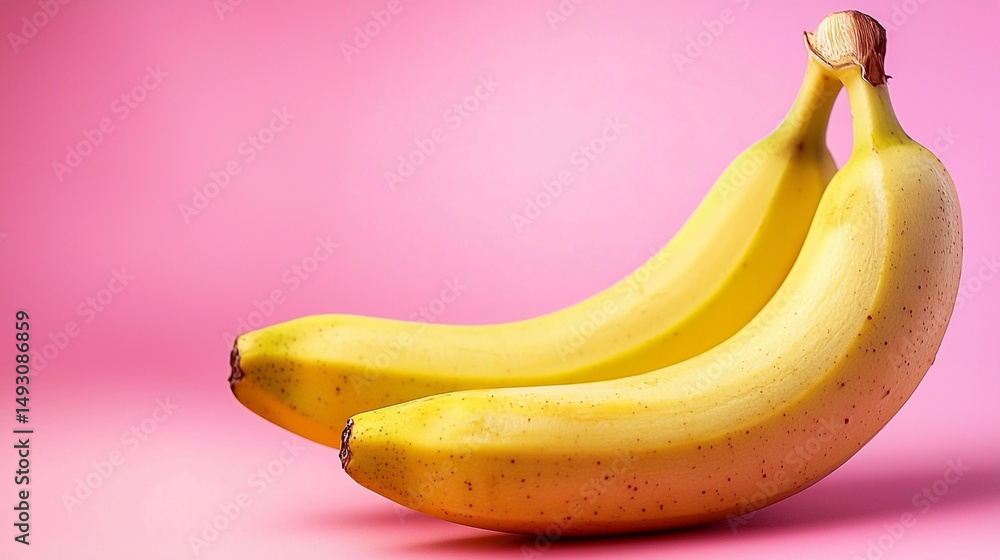 Poster two ripe bananas lying next to each other on a pink background in a studio setting close up view