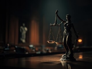 Lady Justice Statue in Courtroom Setting, Symbolizing Legal Expertise and Ethical Governance, Ideal for Law Firm Branding and Justice System Reform Campaigns : Generative AI