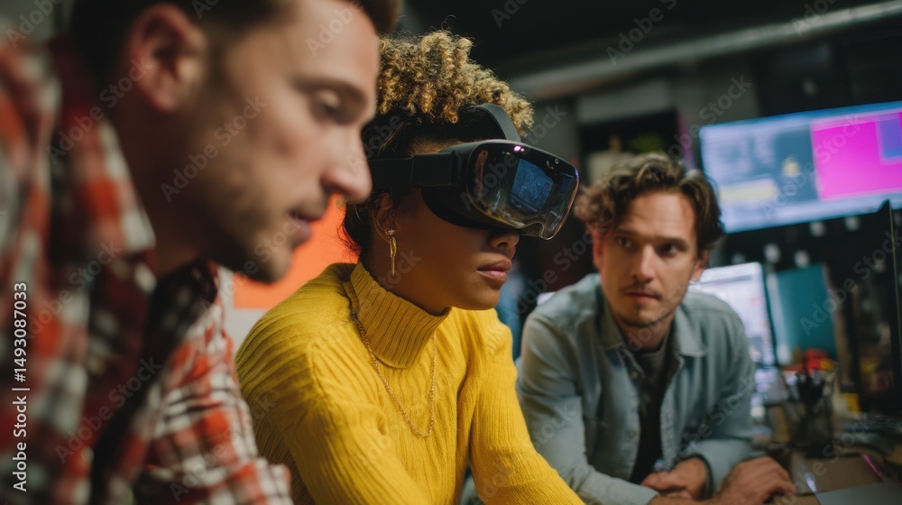 Aufkleber team collaborating with vr headset in modern office, illustrating innovation and technology adoption