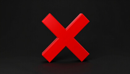 Red X cross mark icon isolated on black backdrop. Symbol of negative response, rejection or denial.