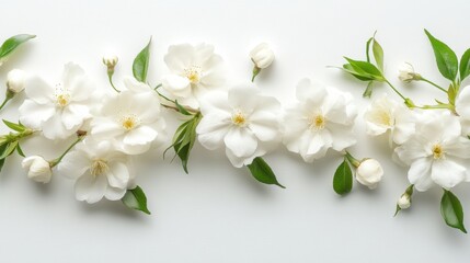 Fototapeta premium Delicate White Dog Rose Flowers and Buds Arranged on a White Background Top View Floral Still Life