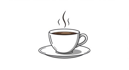 Vector illustration of a steaming coffee cup on a saucer minimalist and crisp style white background commercial use